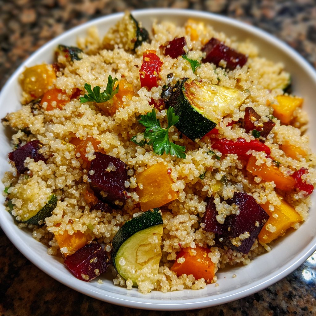 Mittagessen mit Bulgur und Ofengemüse