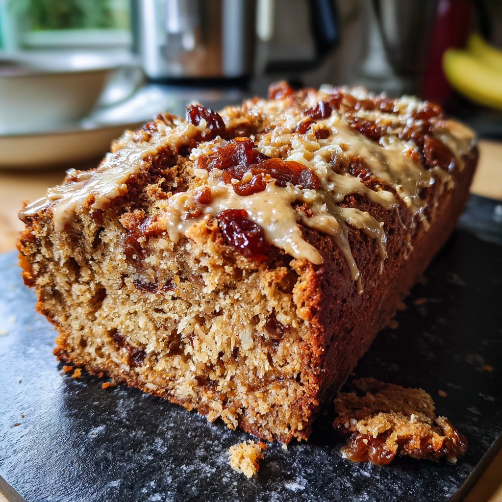 Bananenbrot mit Mandelmus und Datteln